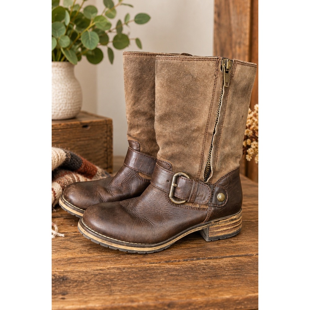 Clarks Artisan Brown Leather Suede Moto Mid Calf Boots 66576 Women's Size 8.5 M